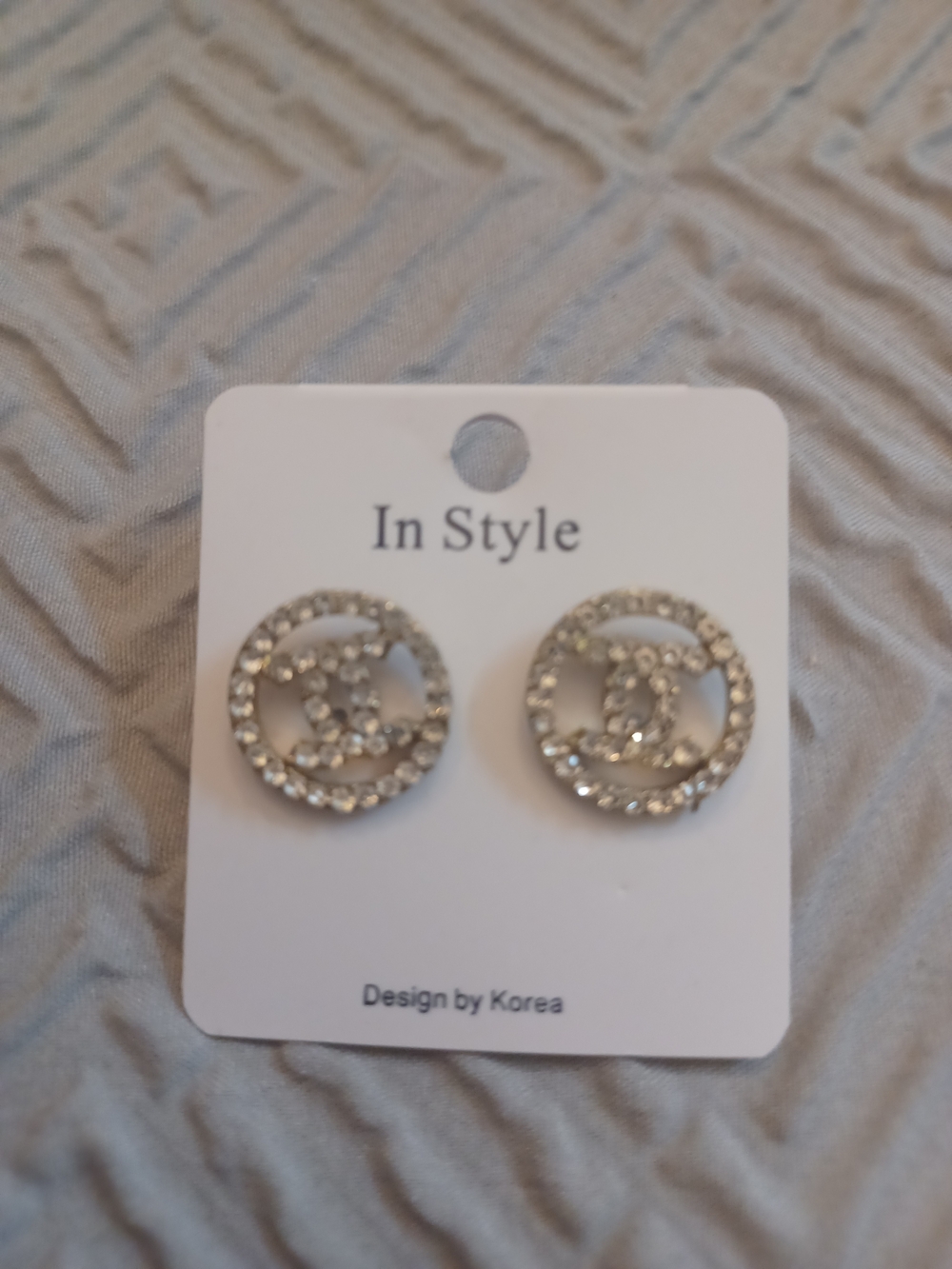 Silver Rhinestone Circle Logo Stud Earrings